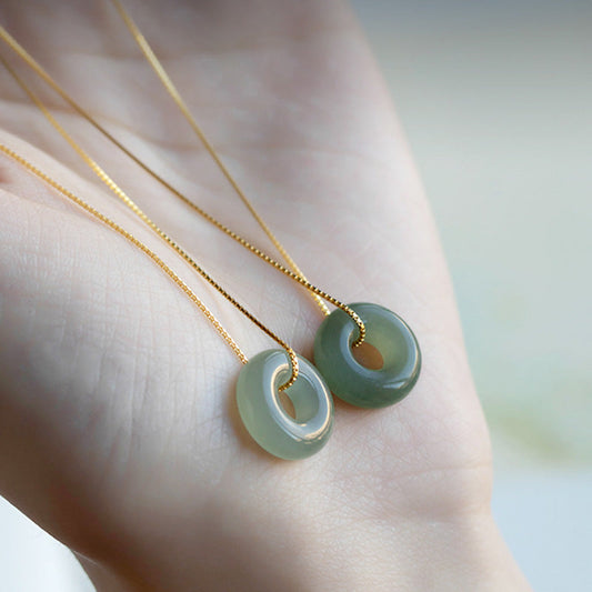 Jade  Natural Round Jade Peace Buckle Luck Abundance Necklace Pendant