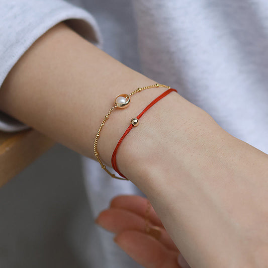 Ancient Tibetan Buddhist Red String Tradition  14K Gold Plated Pearl Bead Luck Red String Double Layer Bracelet