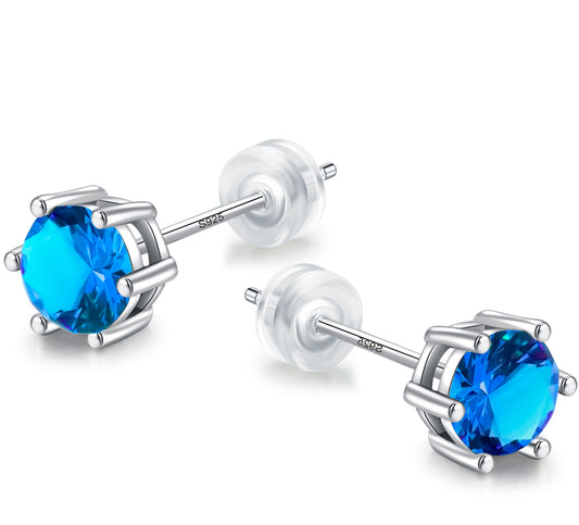 6.5mm Birthday Stone,Daily Wear,925 Sterling Silver 18ct White Gold Plated Earrings Stud Men Women,Jewelry Box Gift Choice
