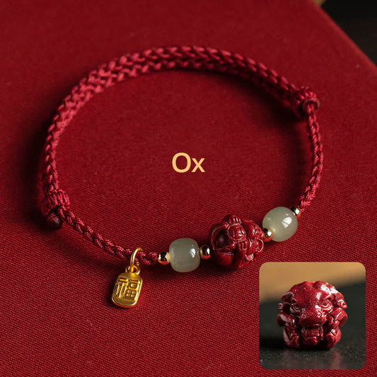 Ancient Tibetan Buddhist Red String Tradition  Natural Cinnabar Chinese Zodiac Hetian Jade Fu Character Luck Rope Bracelet