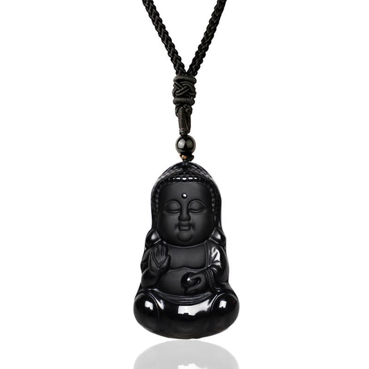 Spirituality Natural Black Obsidian Crystal Buddha Strength Protection Amulet Lucky Charm Pendant Necklace