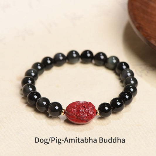Spirituality Chinese Zodiac Natal Buddha Natural Black Obsidian Cinnabar Purification Bracelet