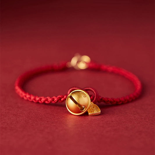 Ancient Tibetan Buddhist Red String Tradition  Handmade Fu Character Charm Luck Happiness Bell Red Rope Bracelet