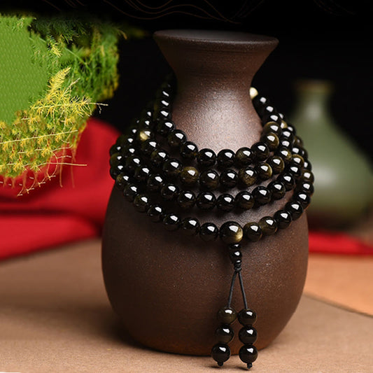Spirituality Buddha Karma 108 Mala Beads Natural Gold Sheen Obsidian Wealth Bracelet