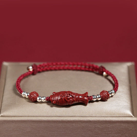 Ancient Tibetan Buddhist Red String Tradition  925 Sterling Silver Koi Fish Cinnabar Fu Character Copper Coin Wealth Braided Bracelet