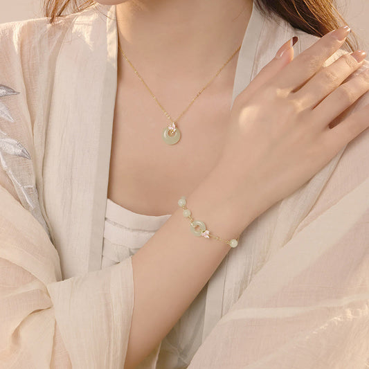 Jade  925 Sterling Silver Natural Hetian Jade Peace Buckle Orchid Luck Bracelet Necklace Pendant Set