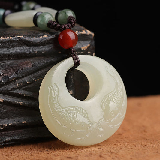 Jade  White Jade Double Koi Fish Carved Prosperity Success Necklace Pendant