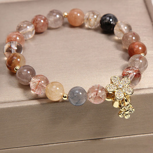 Golden Energy Citrine Multicolored Rutilated Quartz Wealth Solar Plexus Chakra (Third Chakra) Wealth Protection Flower Bracelet