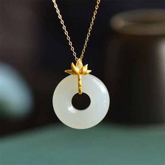 Jade  White Jade Lotus Harmony Necklace Pendant