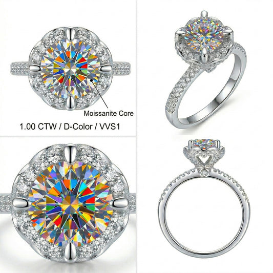 1ct D Color Moissanite Ring 14K White Gold Plated Silver Hidden Heart-to-Heart