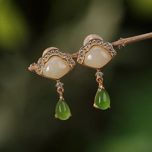 Jade  White Jade Cyan Jade Fan Water Drop Pattern Luck Drop Earrings