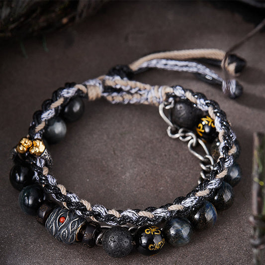 Ancient Tibetan Buddhist Red String Tradition  925 Sterling Silver Lava Rock Eagle's Eye Stone Lucky Beads Handmade Healing Bracelet