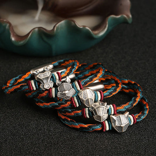 Ancient Tibetan Buddhist Red String Tradition  Handmade 999 Sterling Silver Year of the Dragon Chinese Zodiac Protection Colorful Reincarnation Knot Rope Bracelet