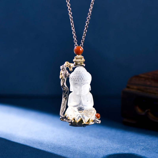 Buddha Energy Necklace 925 Sterling Silver White Crystal Buddha Carved Protection Necklace Pendant