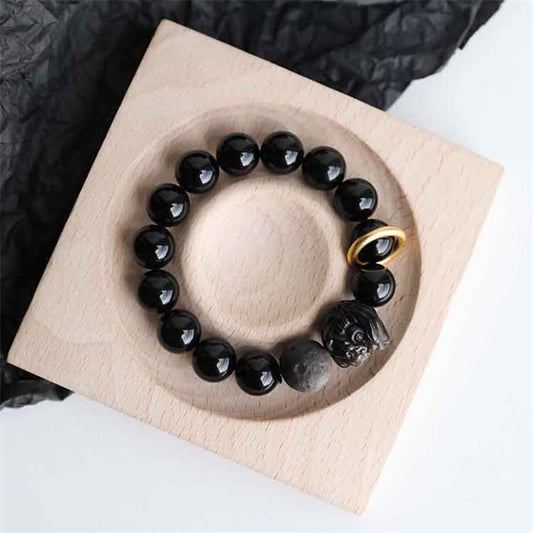 Spirituality Buddha Karma Black Obsidian Silver Sheen Obsidian Lion Strength Bracelet