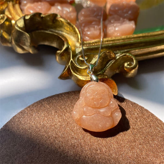 Buddha Energy Necklace 925 Sterling Silver Laughing Buddha Natural Sun Stone Wealth Necklace Chain Pendant