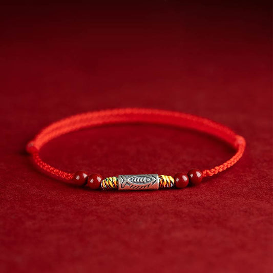 Ancient Tibetan Buddhist Red String Tradition  925 Sterling Silver Koi Fish Cinnabar Bead Wealth Handcrafted Braided Bracelet Anklet