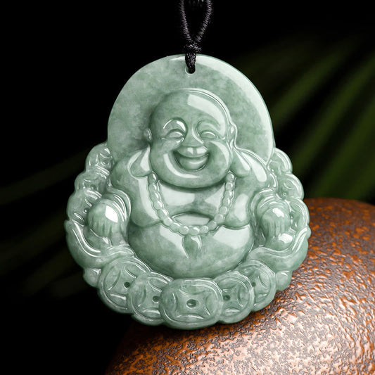 Spirituality Laughing Buddha Natural Jade Copper Coin Abundance Necklace Pendant