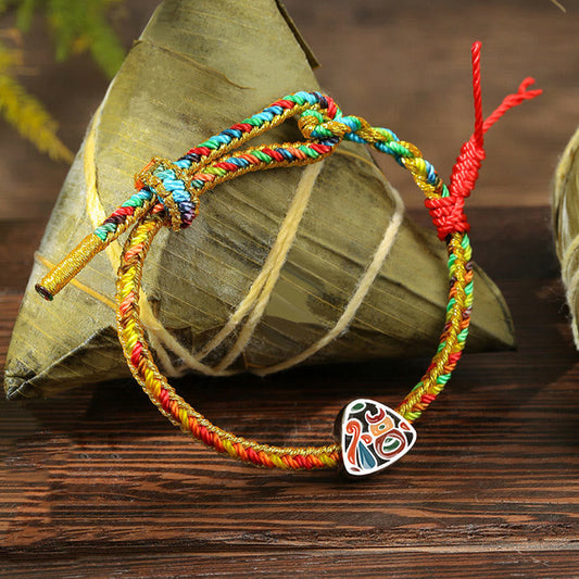Ancient Tibetan Buddhist Red String Tradition  925 Sterling Silver Dragon Boat Festival Fu Character Zongzi Pattern Luck Handmade Multicolored Child Adult Bracelet
