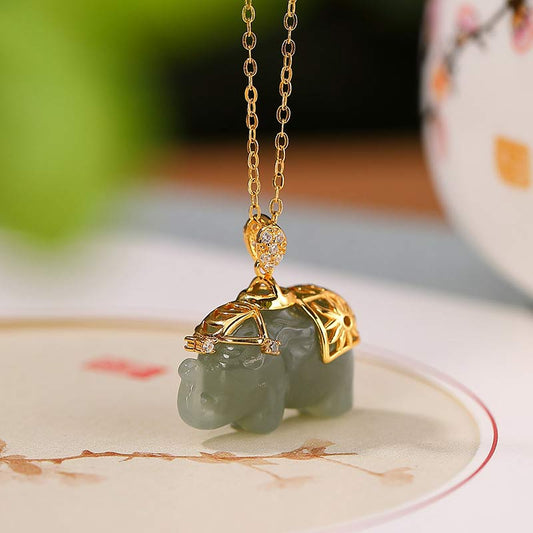 Jade  925 Sterling Silver Jade Elephant Blessing Fortune Necklace Chain Pendant