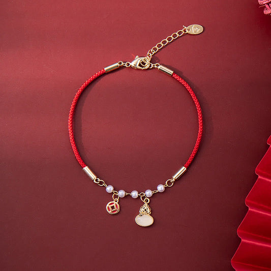 Ancient Tibetan Buddhist Red String Tradition  Copper Coin Pearl Gourd Charm Braided Red Rope Bracelet