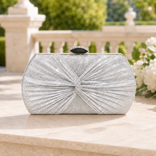 Women’s Silver Glitter Evening Clutch Bag, Pleated Knot Design Handbag with Detachable Chain Strap for Wedding and Party