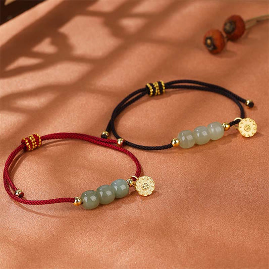 Ancient Tibetan Buddhist Red String Tradition  Handmade Hetian Jade Bead Lotus Pod Prosperity Luck Braided Bracelet