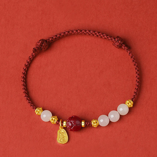 Ancient Tibetan Buddhist Red String Tradition  24K Gold Plated Hetian White Jade Cinnabar Lotus Luck Rope Bracelet