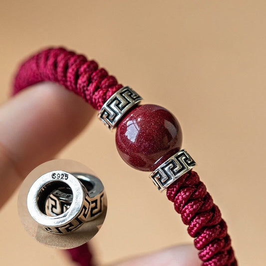 Ancient Tibetan Buddhist Red String Tradition  925 Sterling Silver Natural Cinnabar Bead Calm Handmade Braided String Bracelet