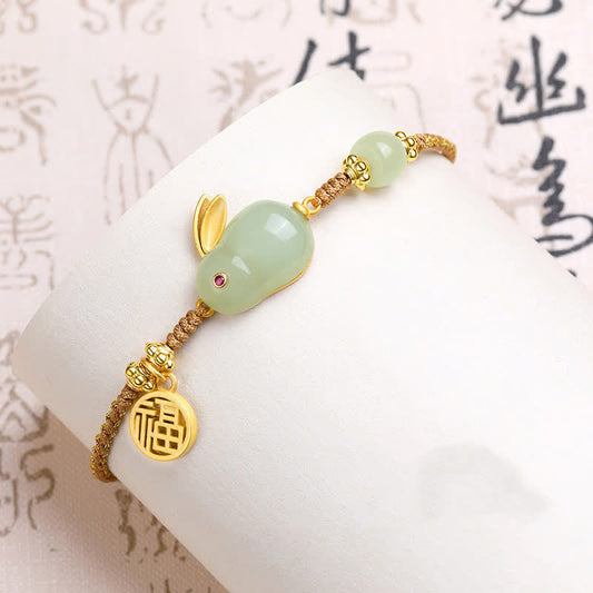 Jade  Year of the Rabbit Hetian Jade Happiness Blessing Wealth String Bracelet