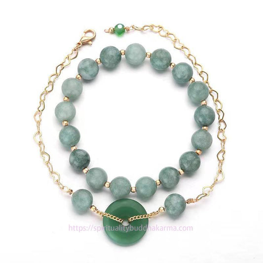 Jade  2Pcs Round Jade Peace Buckle Prosperity Luck Bracelet