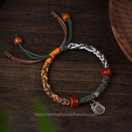 Ancient Tibetan Buddhist Red String Tradition  Handmade Tibetan Silver 925 Sterling Silver Zakiram Goddess of Wealth Camel Bone Protection Braided Bracelet