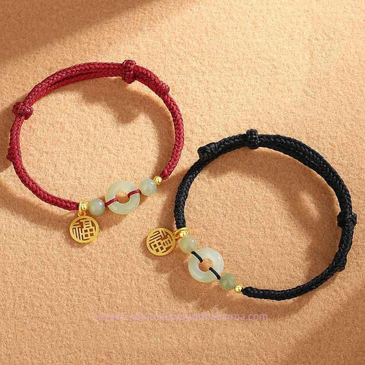 Ancient Tibetan Buddhist Red String Tradition  925 Sterling Silver Hetian Jade Peace Buckle Fu Character Charm Abundance Bracelet