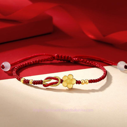 Ancient Tibetan Buddhist Red String Tradition  Handmade 925 Sterling Silver Cherry Blossoms Sakura Chalcedony Luck Bracelet