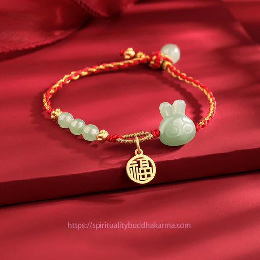 Ancient Tibetan Buddhist Red String Tradition  925 Sterling Silver Year of the Rabbit Hetian Jade Happiness Luck Red String Bracelet