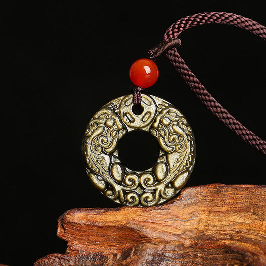 Spirituality Buddha Karma Gold Sheen Obsidian Peace Buckle Pixiu Copper Coin Wealth Necklace Pendant