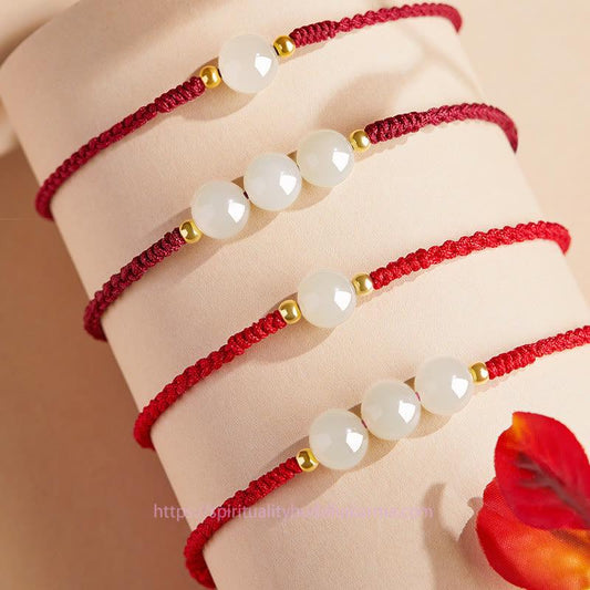 Ancient Tibetan Buddhist Red String Tradition  Handcrafted Round Jade Lucky Bead Prosperity Braided Bracelet