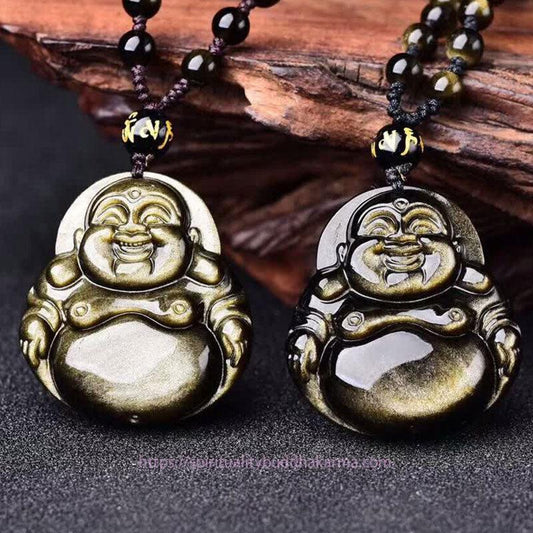 Buddha Energy Necklace Laughing Buddha Gold Sheen Obsidian Wealth Necklace Pendant