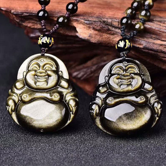 Spirituality Buddha Karma Laughing Buddha Gold Sheen Obsidian Wealth Necklace Pendant