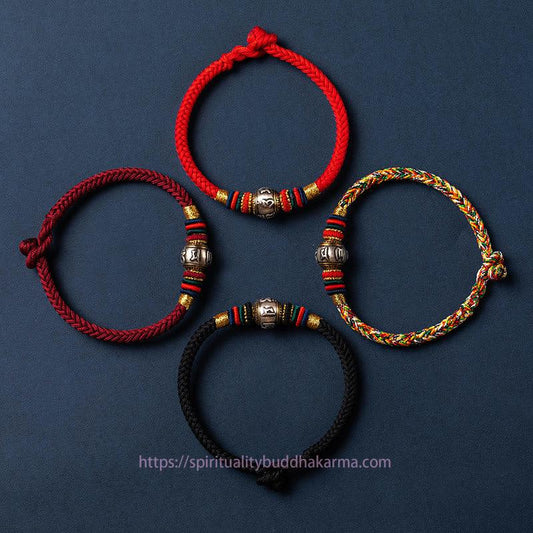 Ancient Tibetan Buddhist Red String Tradition  925 Sterling Silver Tibet Handmade Om Mani Padme Hum Luck Protection King Kong Knot Braided Bracelet