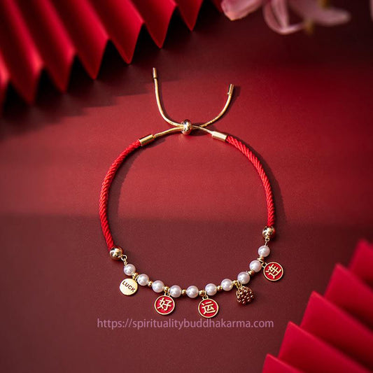 Ancient Tibetan Buddhist Red String Tradition  Good Luck Pearl Lotus Charm Braided Red Rope Bracelet