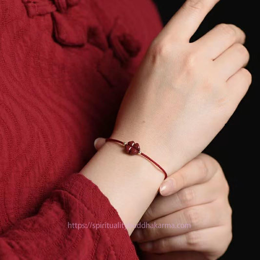 Ancient Tibetan Buddhist Red String Tradition  Natural Cinnabar Four Leaf Clover Blessing Red String Bracelet Anklet