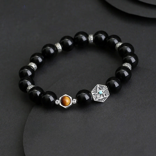 Spirituality Buddha Karma 925 Sterling Silver Black Obsidian Tiger Eye Eye of Providence Purification Bracelet