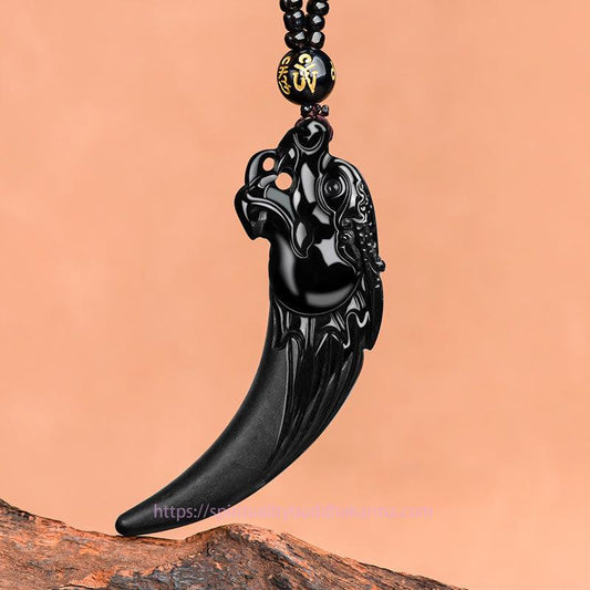 Jade  Natural Black Jade Chinese Zodiac Dragon Tooth Pattern Protection Necklace Pendant