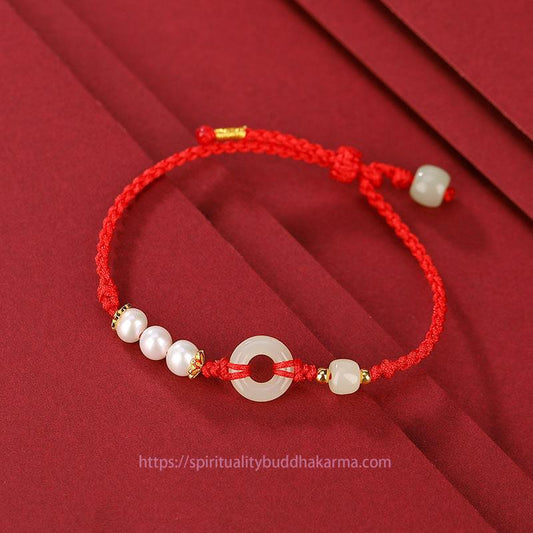 Tibetan Knot Protection 925 Sterling Silver Plated Gold Hetian Jade Peace Buckle Pearl Luck Bracelet