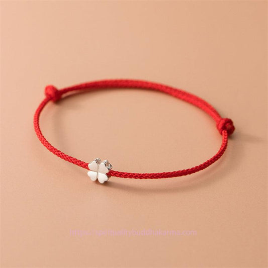 Ancient Tibetan Buddhist Red String Tradition  925 Sterling Silver Four Leaf Clover Red Rope Bracelet