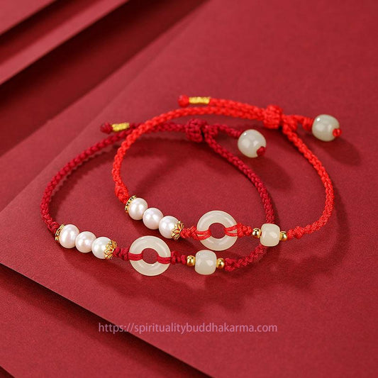 Tibetan Knot Protection 925 Sterling Silver Plated Gold Hetian Jade Peace Buckle Pearl Luck Bracelet