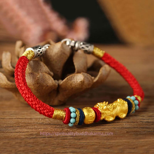 Ancient Tibetan Buddhist Red String Tradition  999 Gold PiXiu Om Mani Padme Hum Wealth String Braided Couple Bracelet
