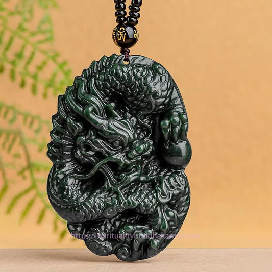 Jade  Hetian Cyan Jade Dragon Success Harmony Necklace Beaded String Pendant