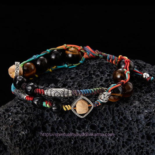 Ancient Tibetan Buddhist Red String Tradition  925 Sterling Silver Tiger's Eye Bodhi Seed Handmade Courage Bracelet